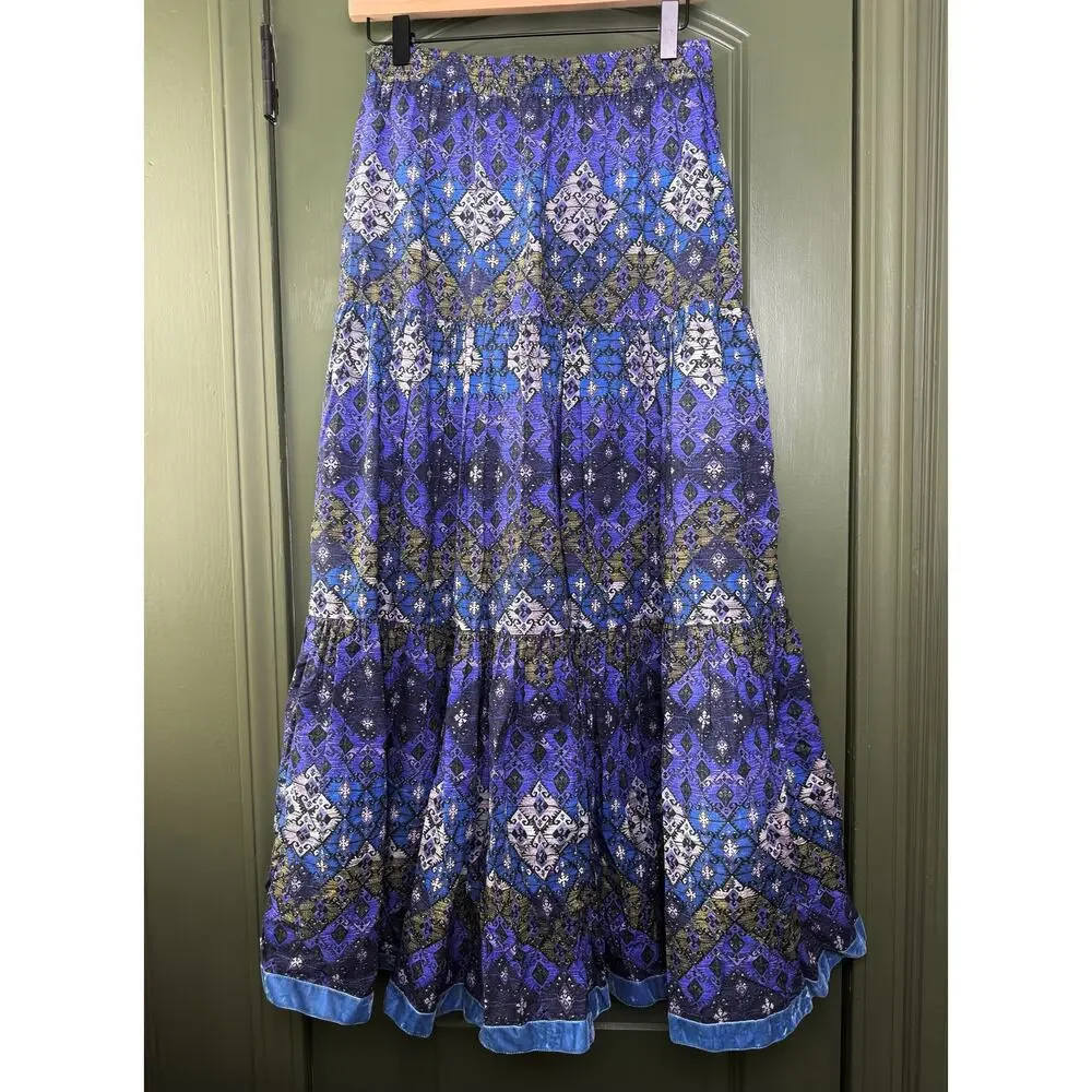 NWT Ro's Garden Frilly Midi Boho Folk Hippie Gypsy Skirt Lachen Blue Purple XS - Picture 1 of 5